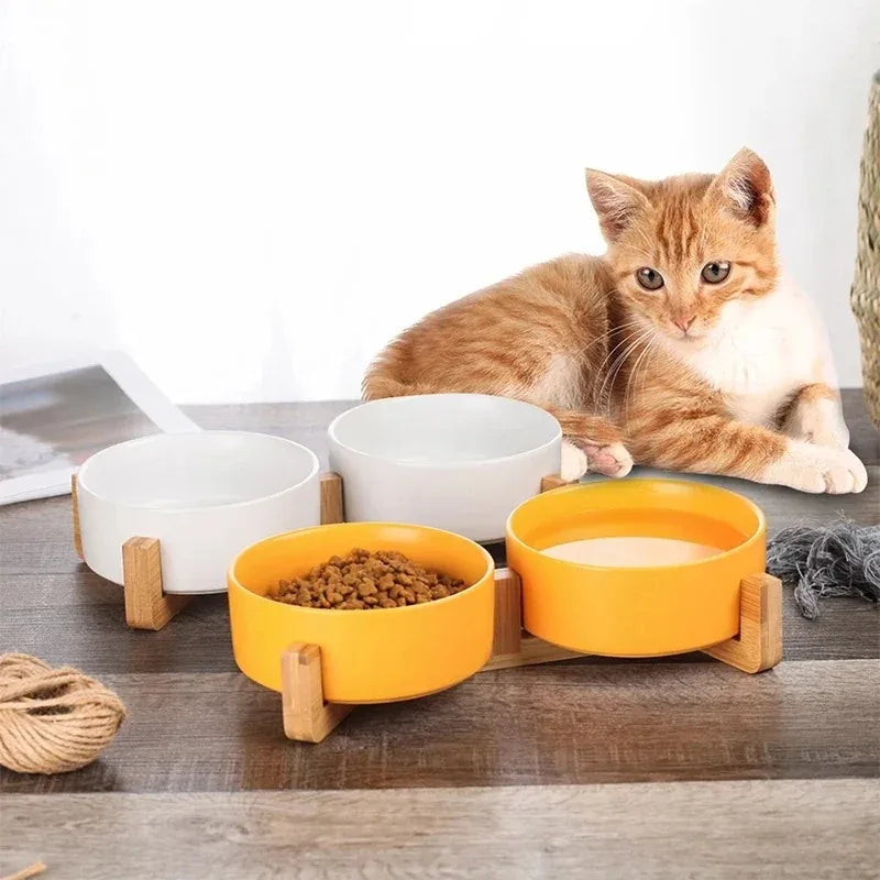 Ceramic Pet Bowl Dish With Wood Stand No Spill Pet Ceramic Double Bowl For Dog Cat Food Water Feeder Cats Small Dogs Pet bowl Oz Pet Hub